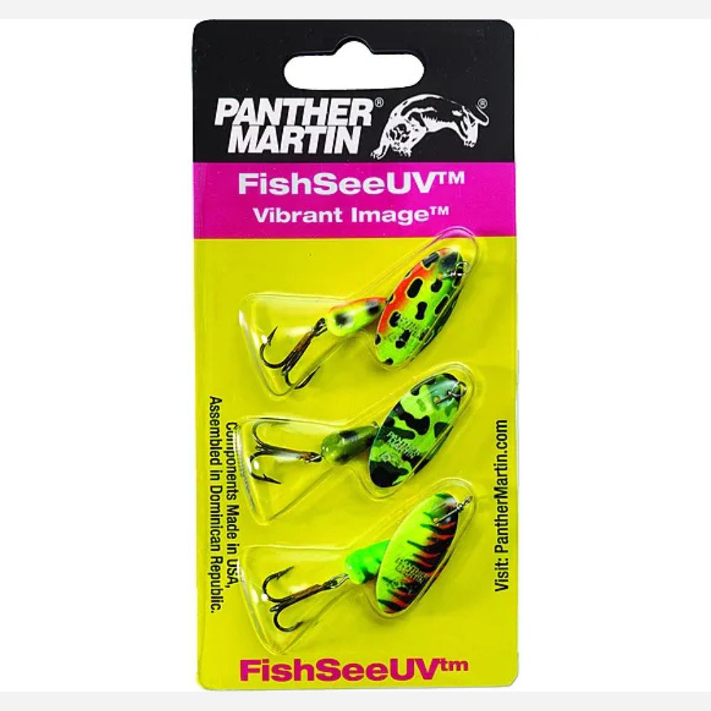 Panther Martin FishSeeUV spinnerbait lure pack with three bright UV spoons and treble hooks in green and frog patterns.
