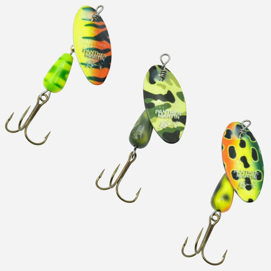 Colorful inline spinner fishing lures with camouflage and frog patterns, treble hooks, and metal blades for freshwater trout and bass fishing.