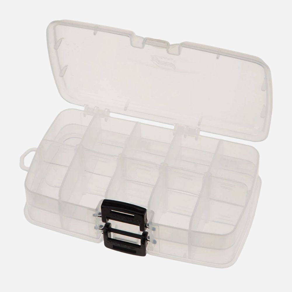 Clear plastic storage box with a black latch on a white background