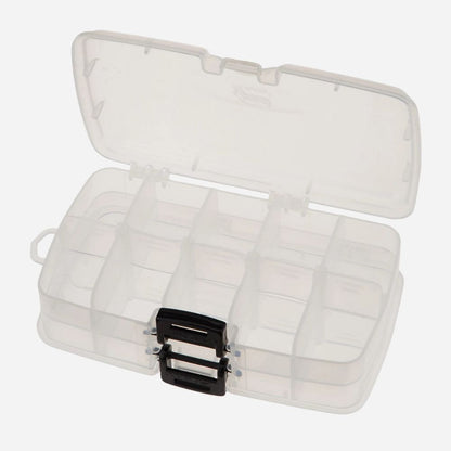 Clear plastic storage box with a black latch on a white background