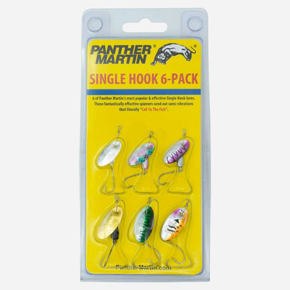 Panther Martin Single Hook 6-Pack inline spinner fishing lures set with assorted colors in retail packaging