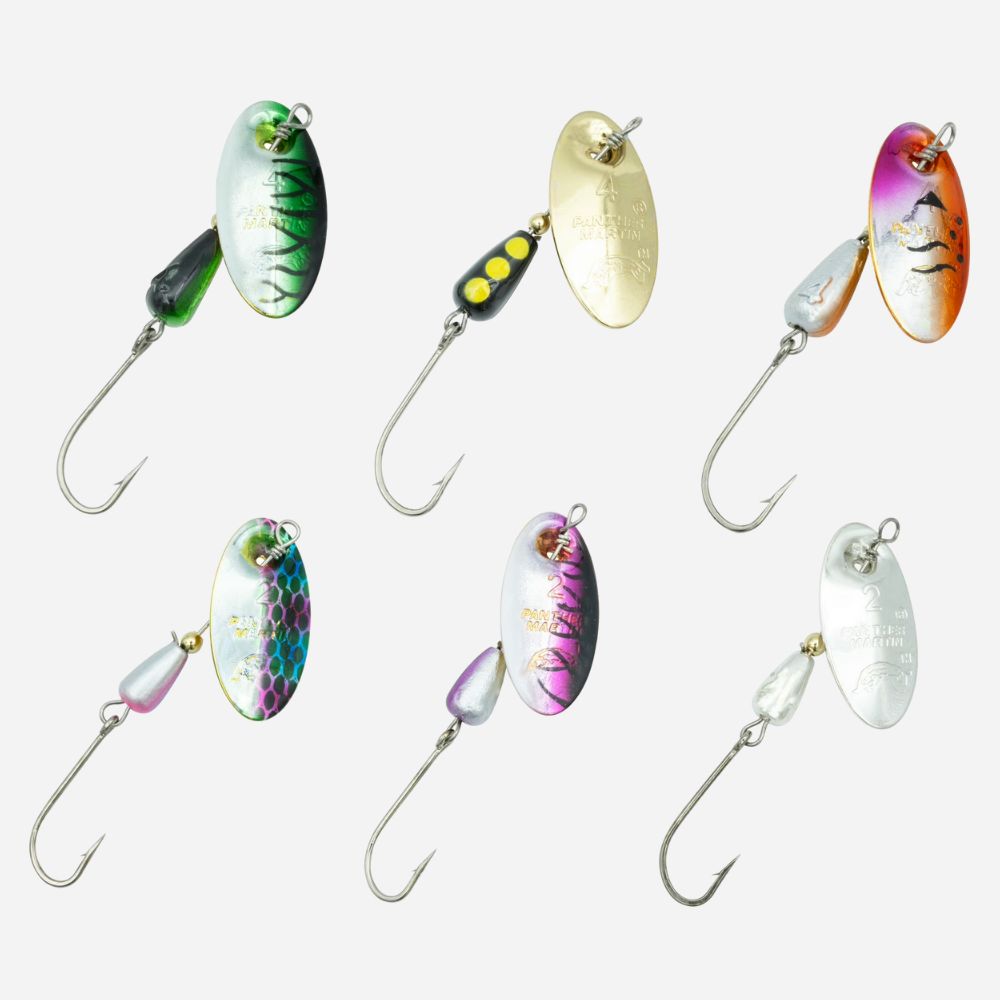 Panther Martin inline spinner fishing lures set with assorted holographic blades and single hooks on white background.