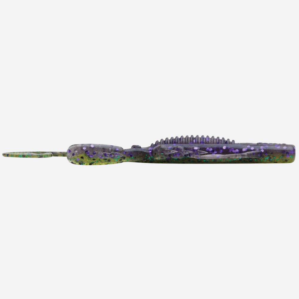 Purple and green fishing lure on a white background