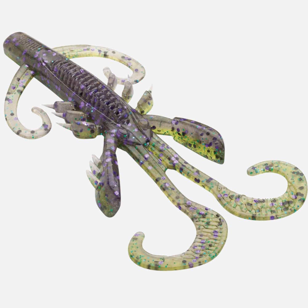 Fishing lure with purple and green pattern on a white background