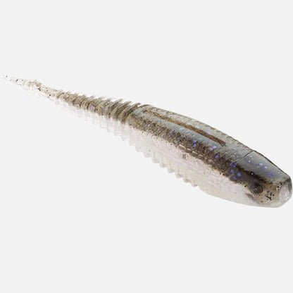A soft plastic fishing lure shaped like a small baitfish, shown on a plain light gray background. The lure has a translucent body with a mottled silver-gray top and darker gray sides, plus subtle iridescent blue-purple glitter flecks.