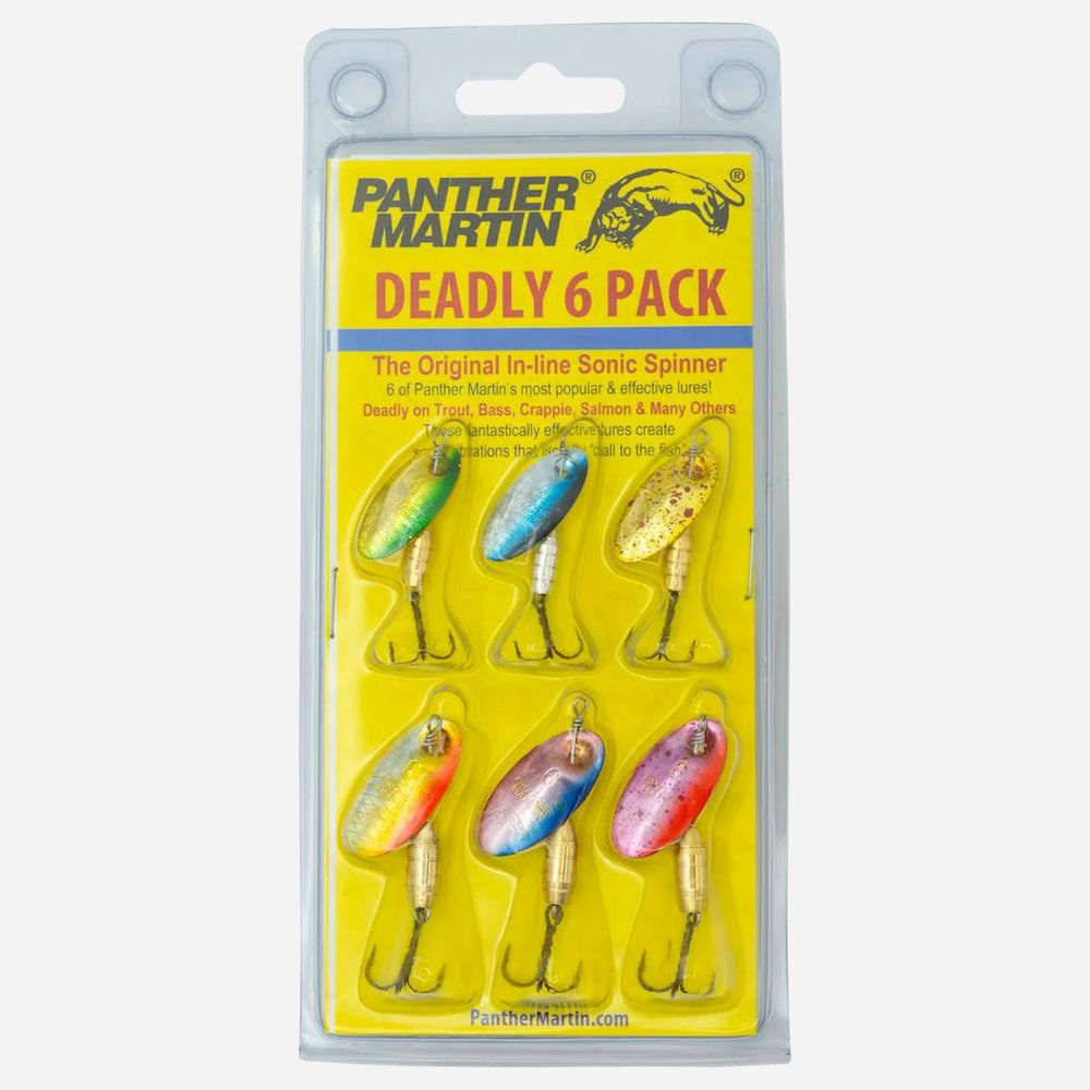 Panther Martin Deadly 6 Pack inline spinner fishing lures set with assorted bright colors in retail packaging.