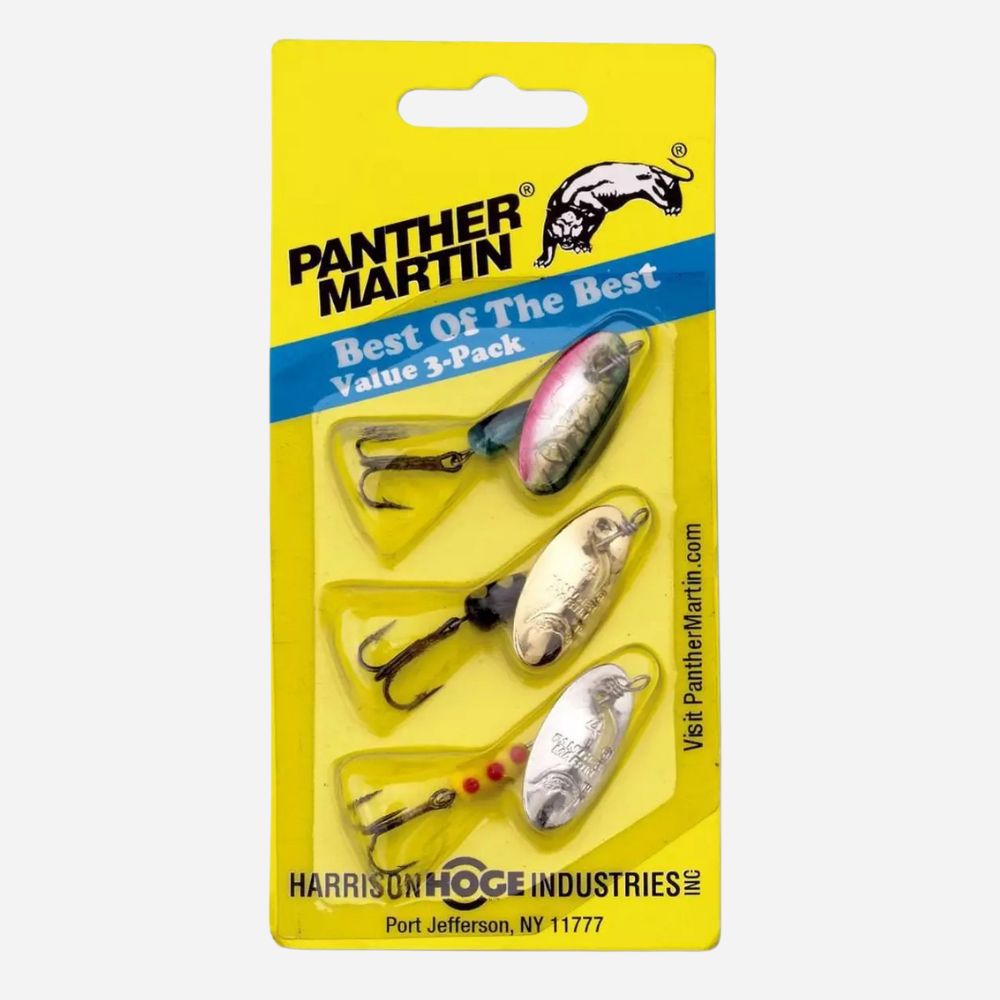 Panther Martin Best of the Best Value 3-Pack inline spinner fishing lures with treble hooks in yellow retail packaging.
