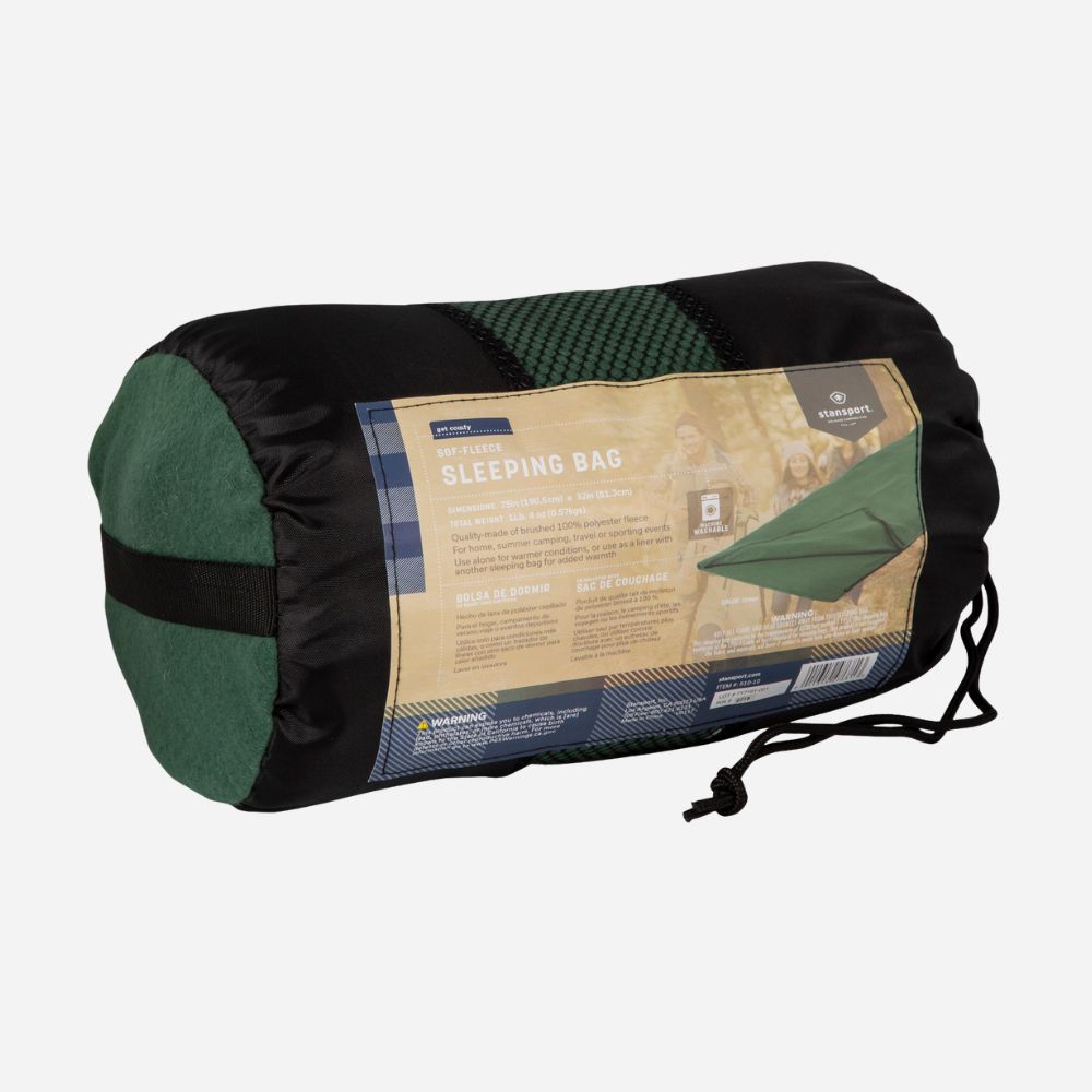 Green and black sleeping bag with brand label on a white background