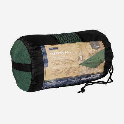 Green and black sleeping bag with brand label on a white background