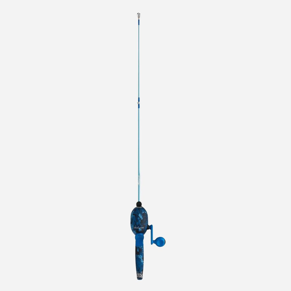 Blue fishing rod with reel on a white background