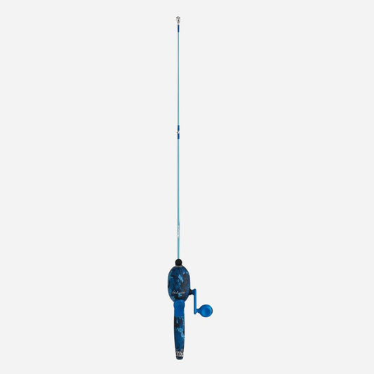Blue fishing rod with reel on a white background