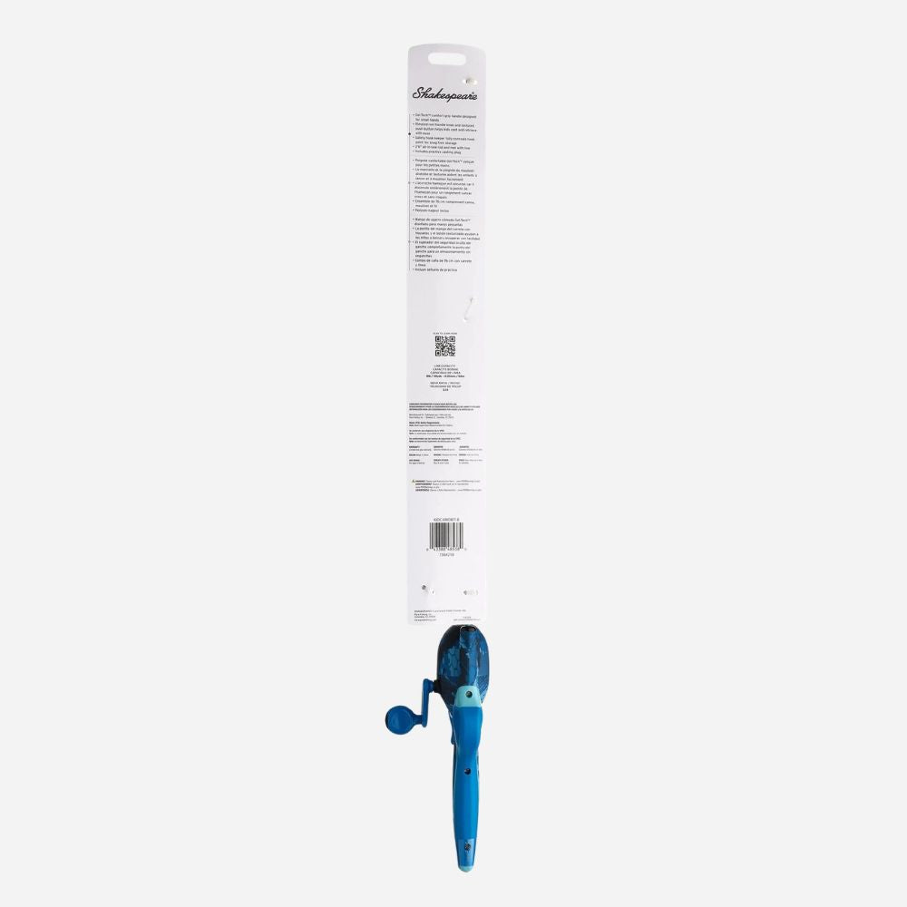 Blue fishing rod with packaging on a white background