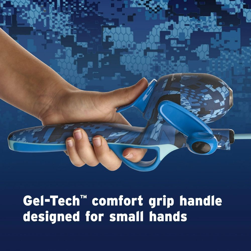 Hand holding a blue and black tool with 'Gel-Tech comfort grip handle' text on a blue background