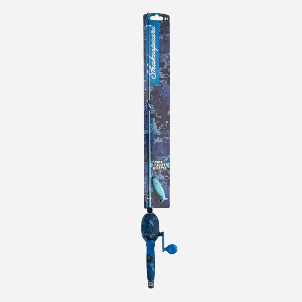 Fishing rod with blue and black design on a white background