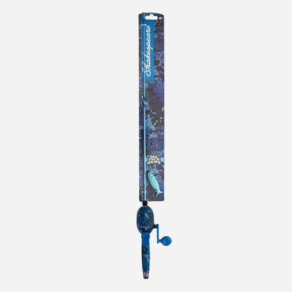 Fishing rod with blue and black design on a white background