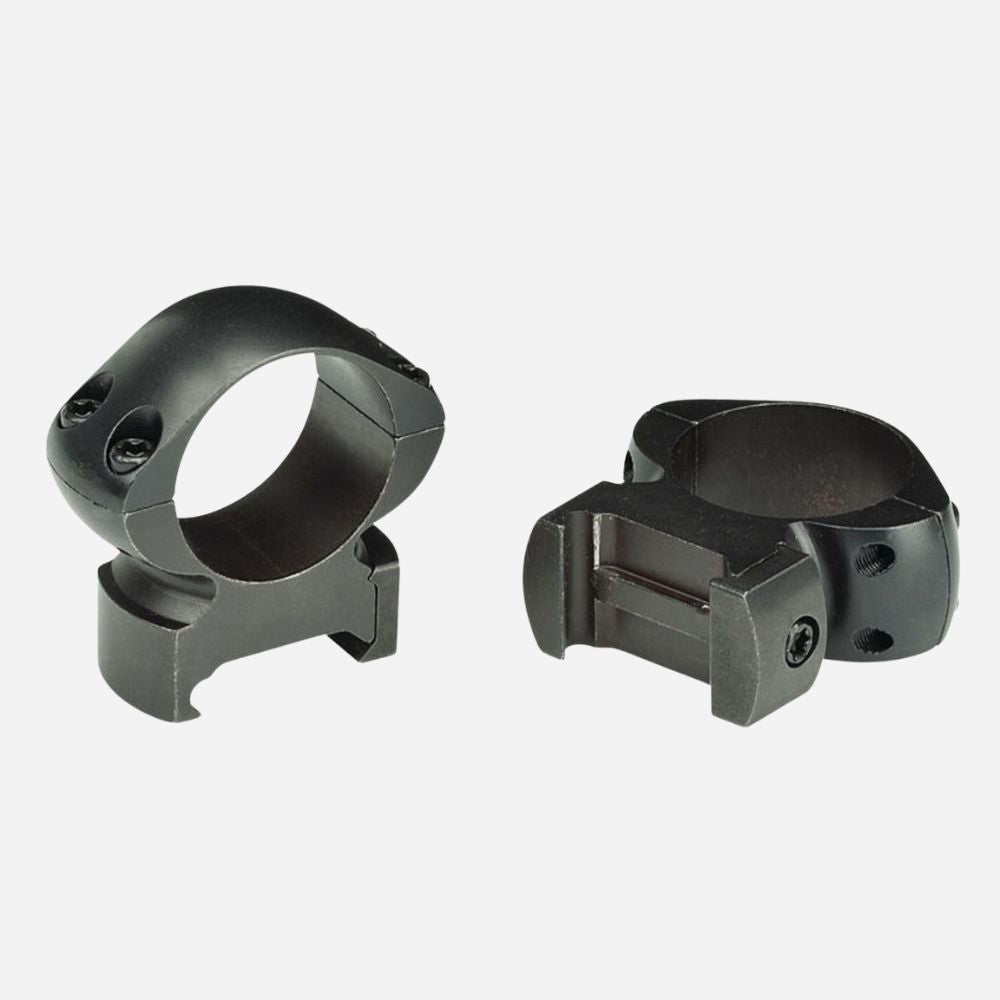 Two black metal ring mounts on a white background