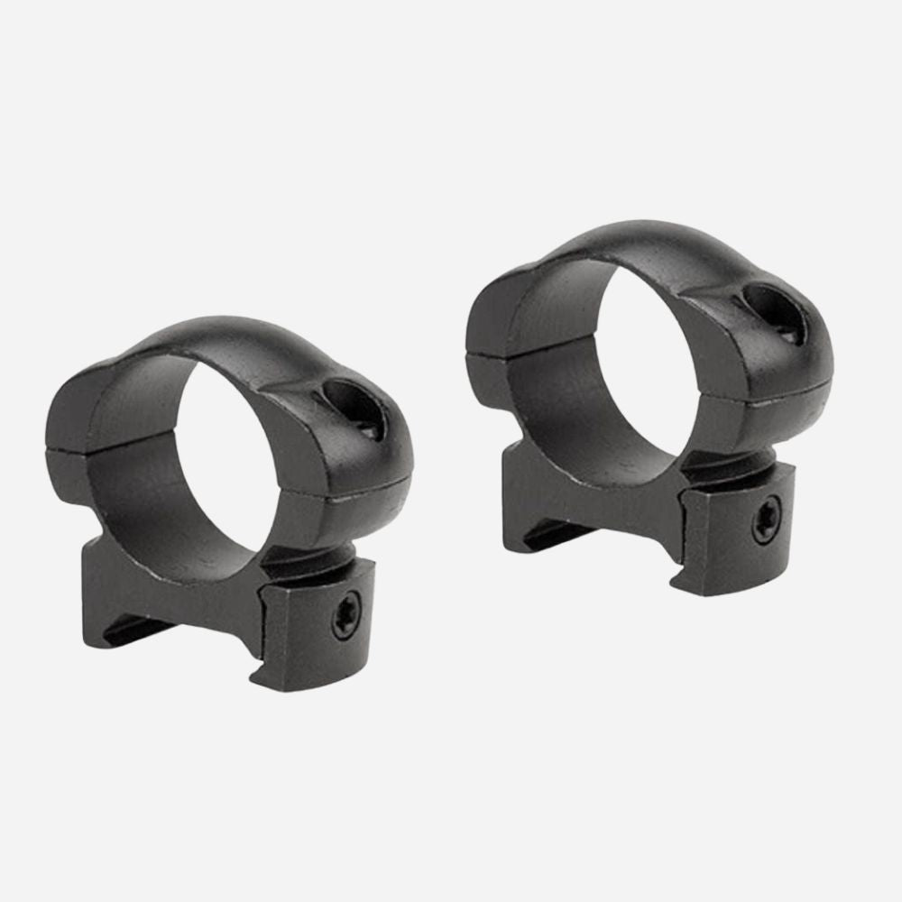 Two black rifle scope rings on a white background