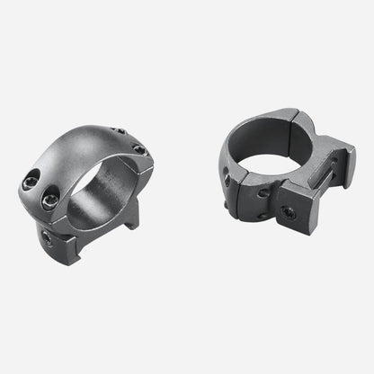 Two metallic ring components on a white background