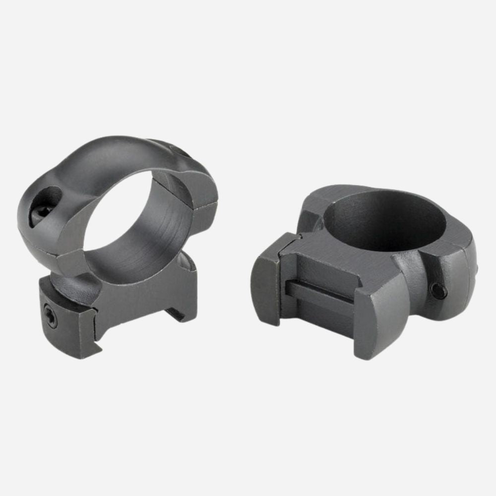 Two gray metal ring mounts on a white background