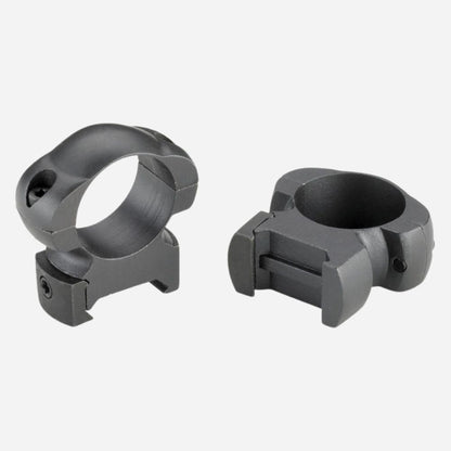 Two gray metal ring mounts on a white background