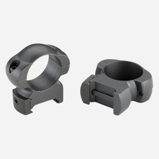 Two gray metal ring mounts on a white background