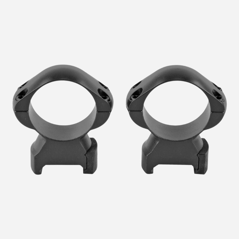 Two black scope rings on a white background