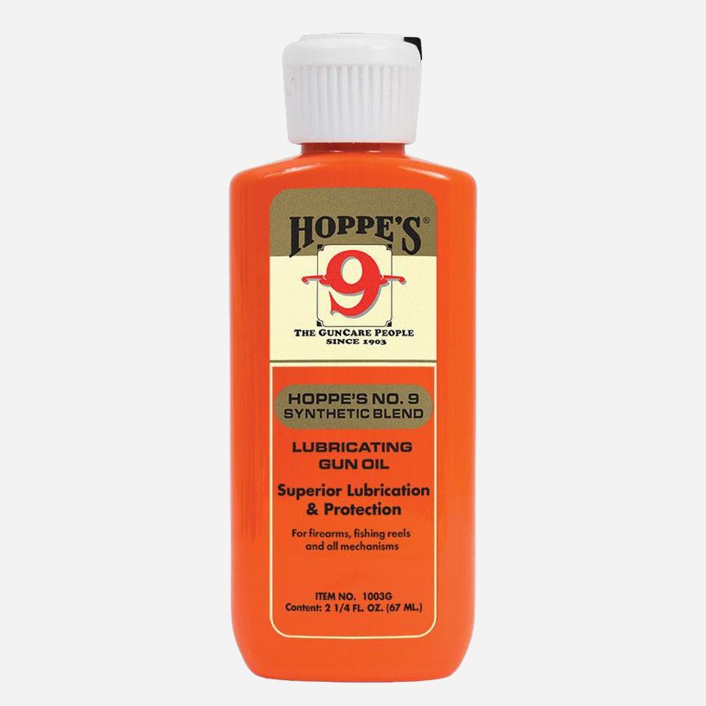 Orange bottle of Hoppe's No. 9 Lubricating Gun Oil on a white background