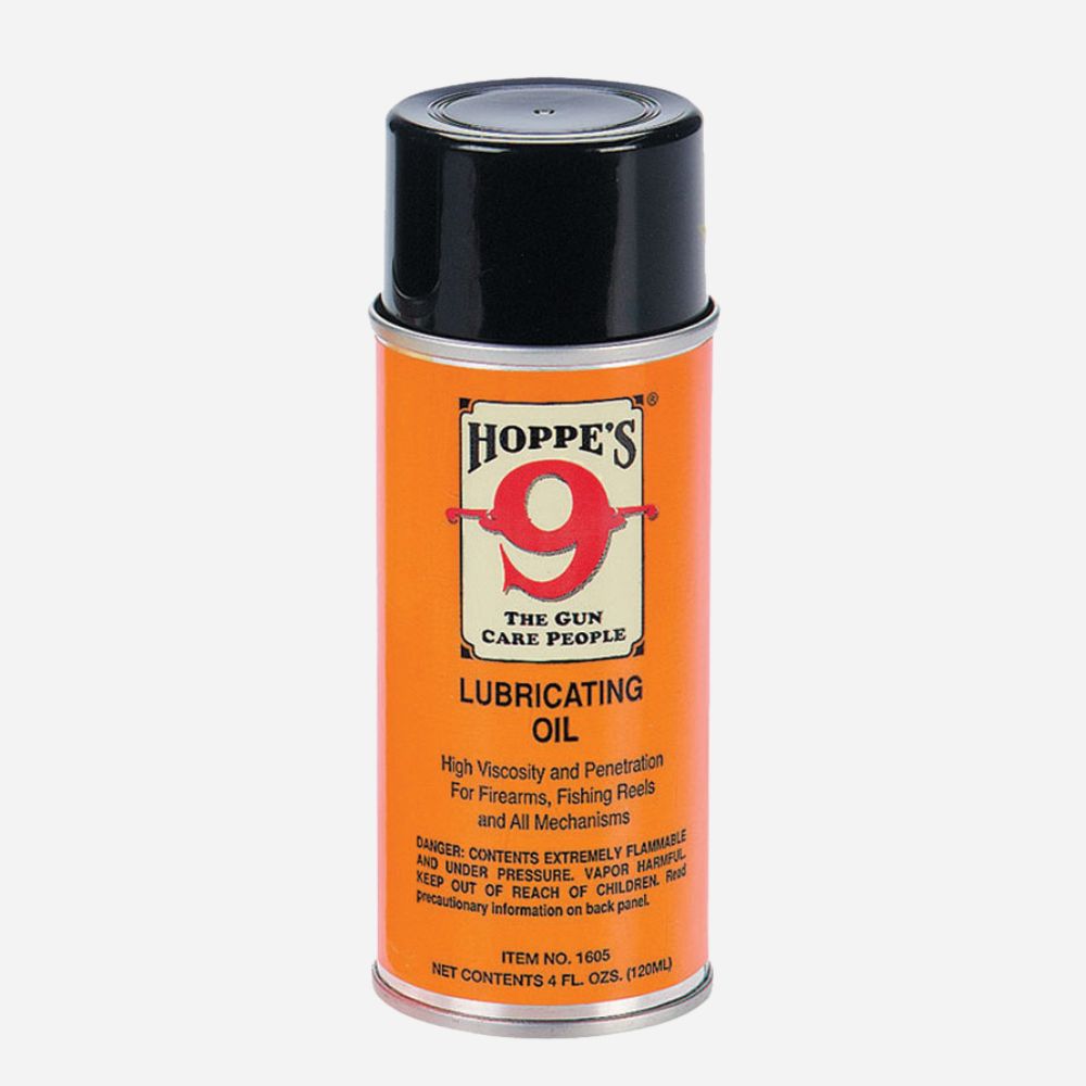 Orange can of Hoppes Lubricating Oil with black lid on a white background