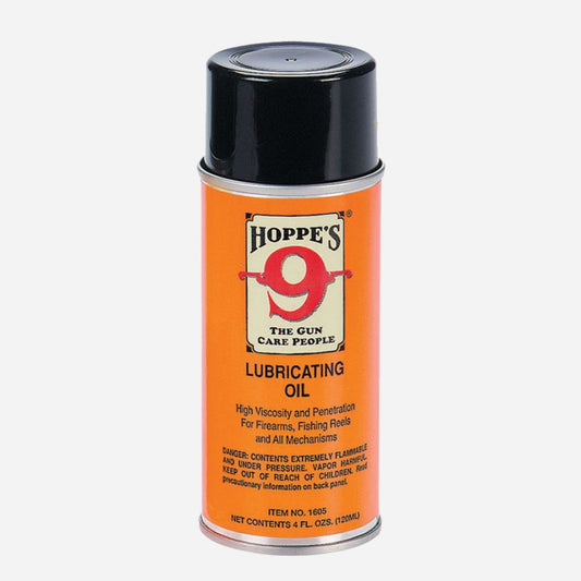 Orange can of Hoppes Lubricating Oil with black lid on a white background