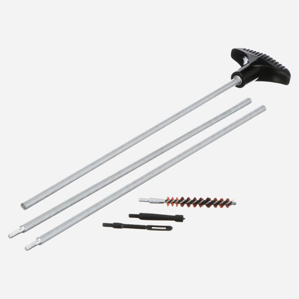 Gun cleaning kit with rods and brushes on a white background