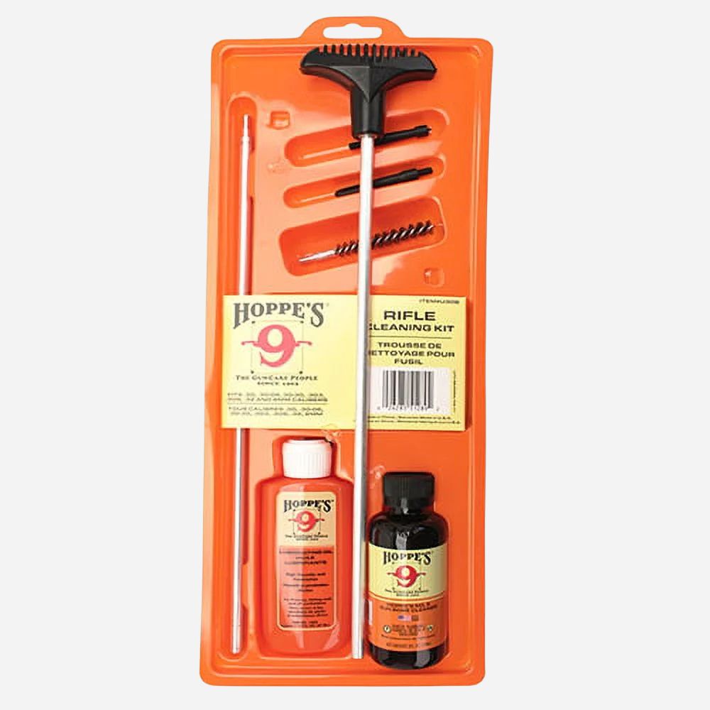Hoppe's rifle cleaning kit in orange packaging on a white background