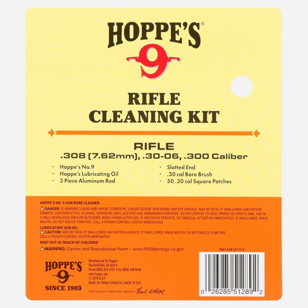 Hoppe's Rifle Cleaning Kit packaging with yellow and orange design