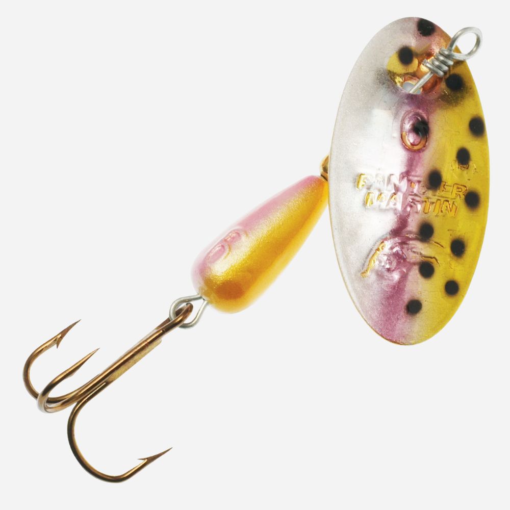 Fishing lure with a yellow and pink body and black spots on a white background