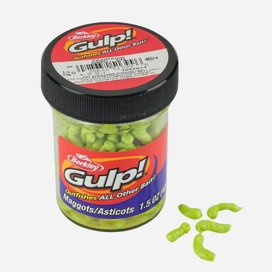 Jar of Berkley Gulp! fishing lures with a white background