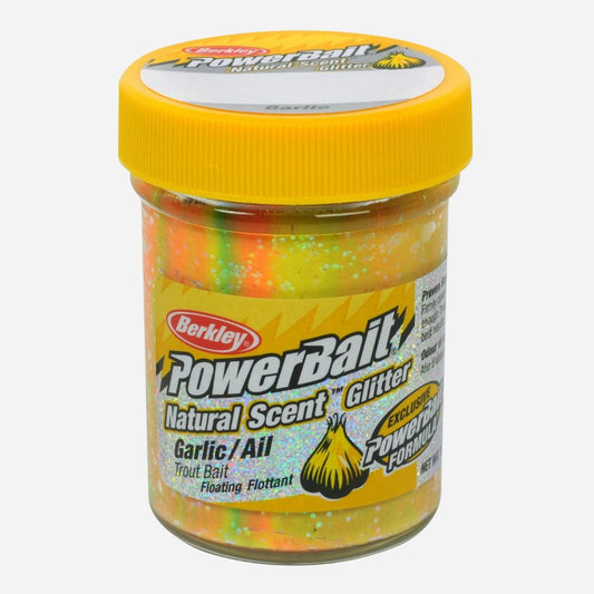Jar of Berkley PowerBait Natural Scent Glitter Trout Bait on a white background