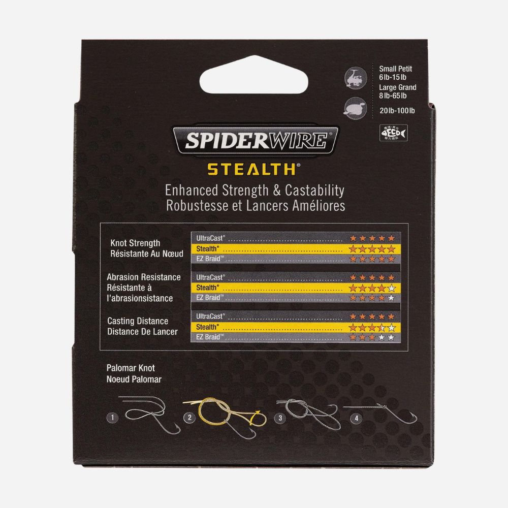 Spiderwire Stealth fishing line packaging with specifications on a white background