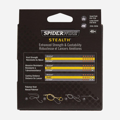Spiderwire Stealth fishing line packaging with specifications on a white background
