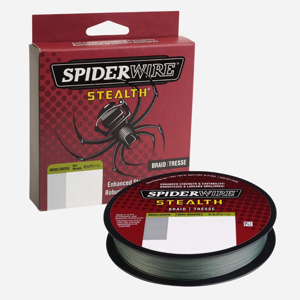 Spiderwire Stealth fishing line with packaging on a white background