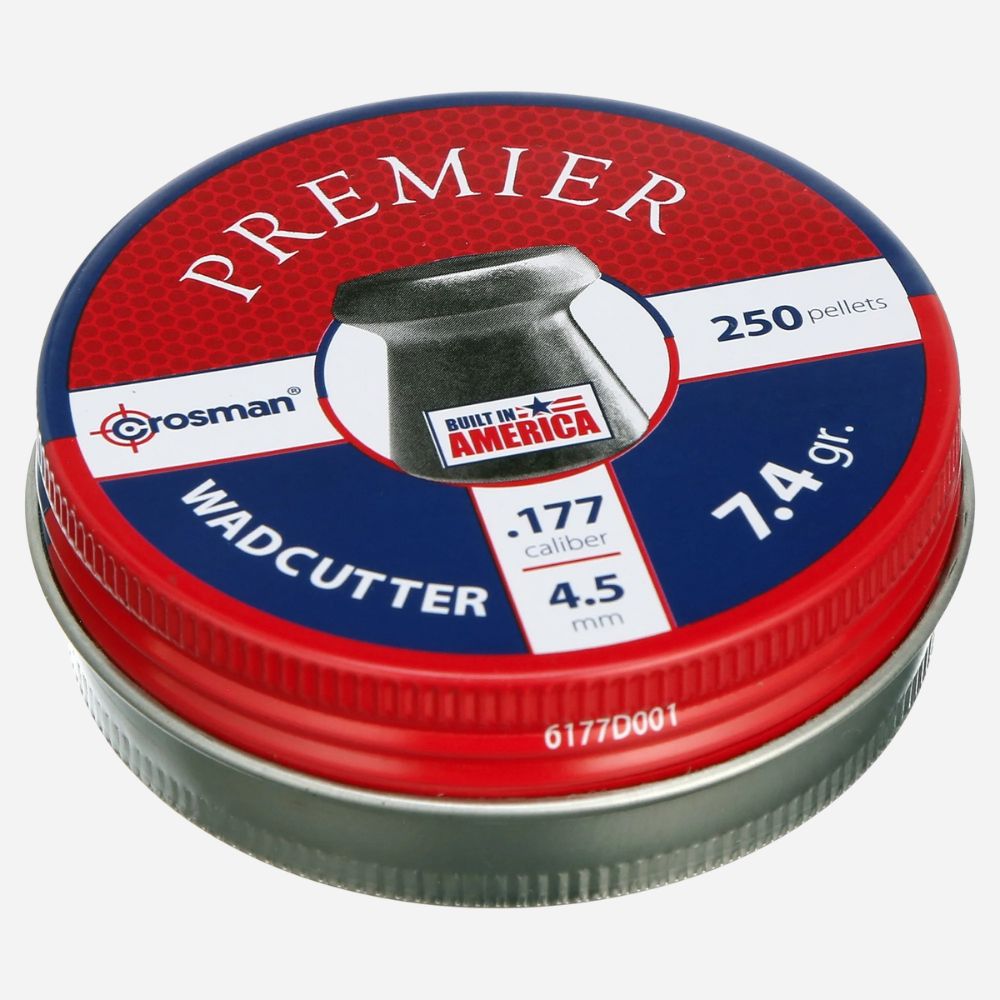 Red and blue tin of Crosman Premier Wadcutter pellets on a white background