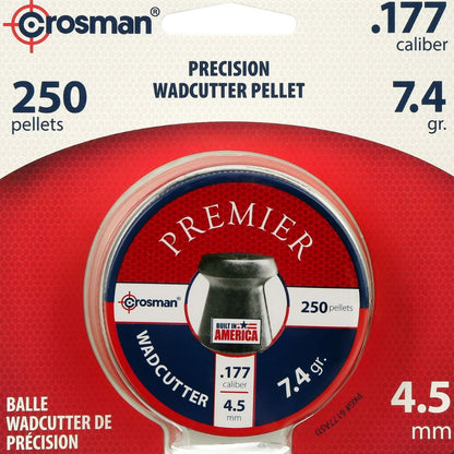 Packaging of Crosman precision wadcutter pellets with red and blue design.