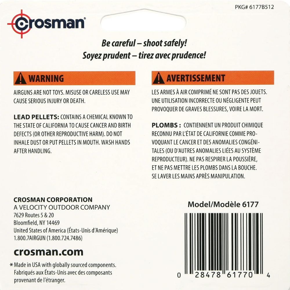 Back of a Crosman airgun package with safety warnings and contact information.