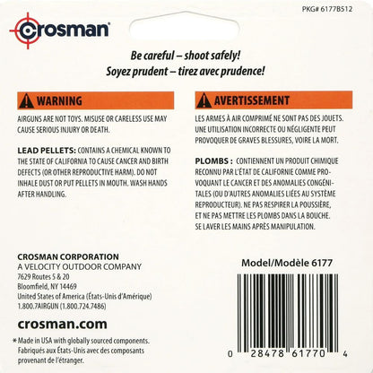 Back of a Crosman airgun package with safety warnings and contact information.
