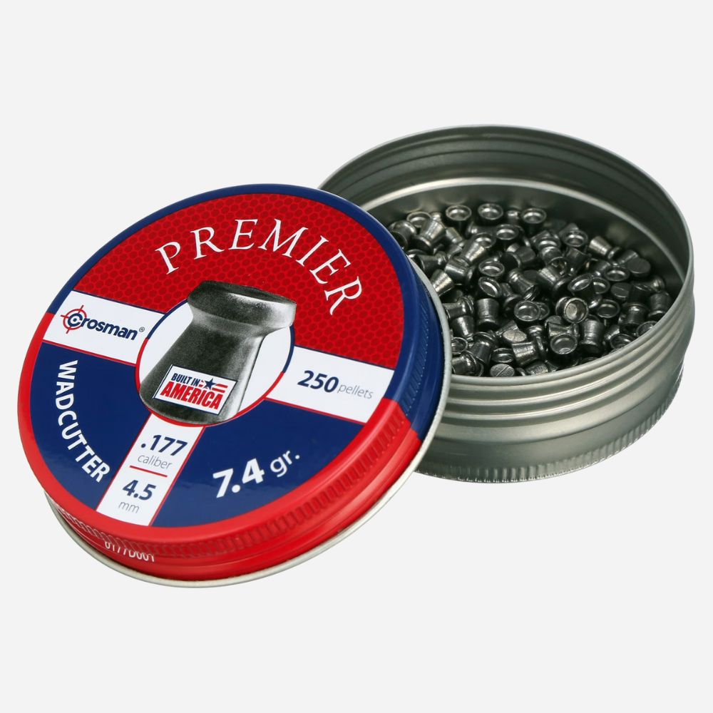 Crosman Premier Wadcutter rifle pellets with red and blue packaging