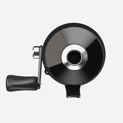 Black and silver reel on a white background