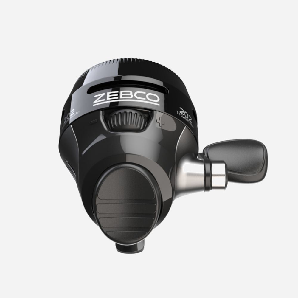 Black and silver Zebco fishing reel on a white background