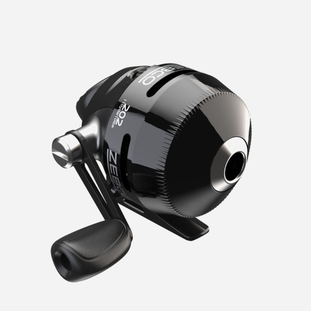 Black and silver fishing reel on a white background