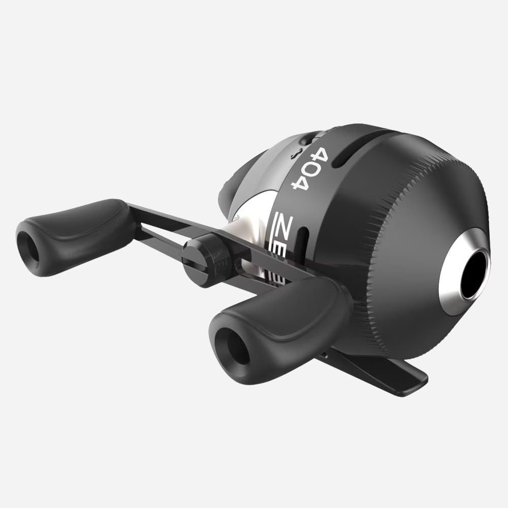 Black fishing reel with 'Zebco' branding on a white background