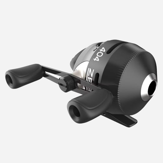 Black fishing reel with 'Zebco' branding on a white background