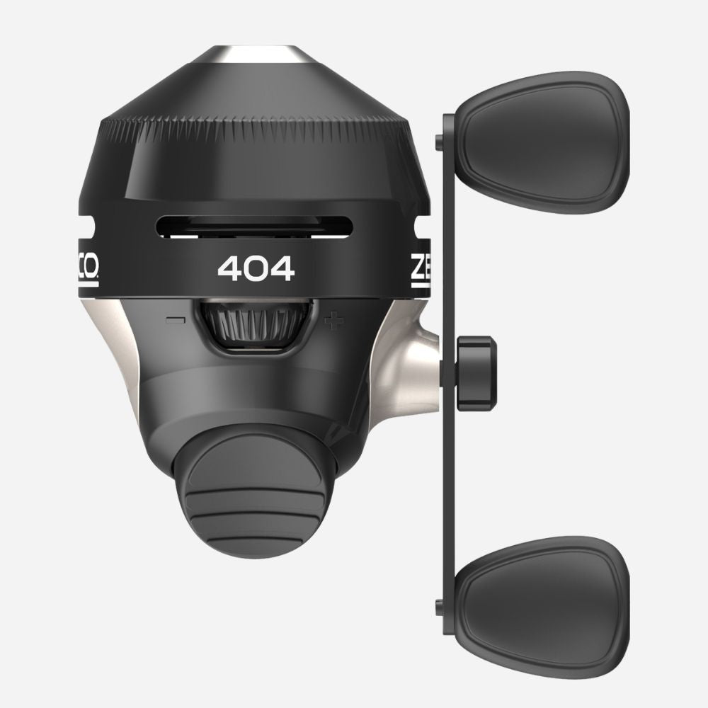 Black and silver fishing reel with '404' branding on a white background