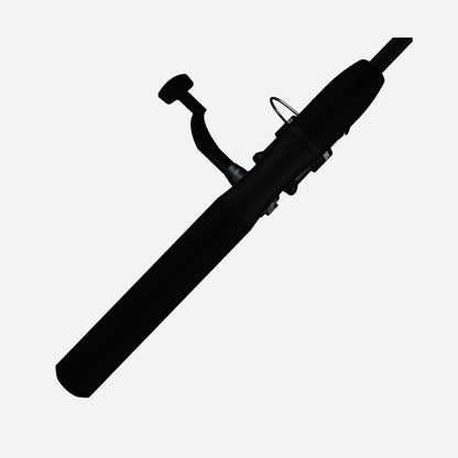 Black silhouette of a fishing rod and reel on a white background